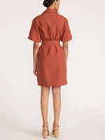 Robe chemise vintage unie tissée pour femme, col, manches courtes, taille à nouer, poches, décontractée, mini, pour le bureau