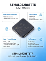 STM8L052R8T6TR MCU de 8 bits de ultra bajo consumo, 64 KB de memoria Flash, CPU de 16 MHz, EEPROM integrado, 1.8V-3.6V, -40 ° De la C a la 85 ° C, Modos de Bajo Consumo