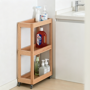 Étagère de rangement pour salle de bain en bois massif, 3 niveaux, avec roulettes, style minimaliste, gain de place, pour l'espace lavabo et toilettes - Product Image 1