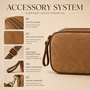 Factory Private Label <strong>Soft</strong> Camera <strong>Bag</strong> Suede <strong>Leather</strong> Zip Shoulder <strong>Bag</strong> for Women Daily Carry with Wrist Strap and Gold Hardware - Product Image 2