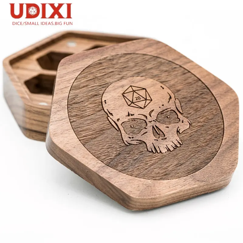 Udixi गर्म बिक्री षट्भुज लकड़ी पासा बॉक्स के लिए DND आरपीजी Dungeons और ड्रेगन 7pcs पासा मामले