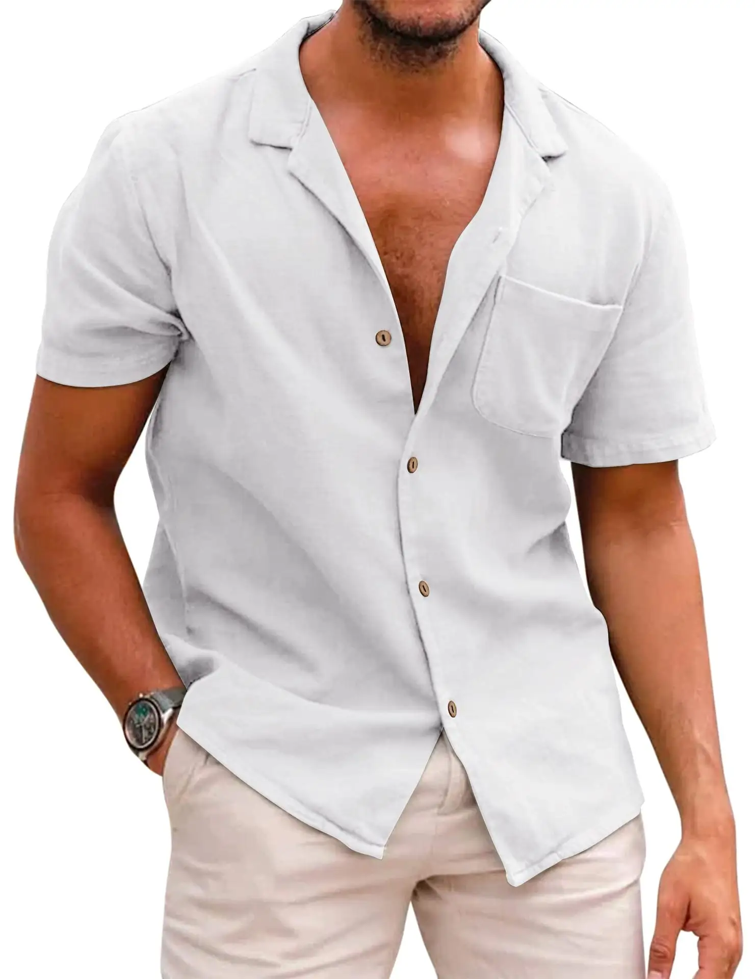 Мужская рубашка с воротником на пуговицах, из хлопка и льна