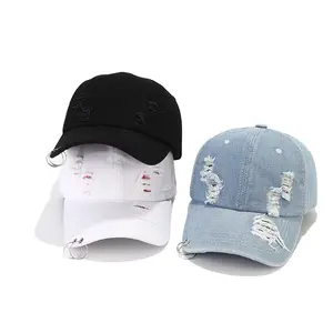 Venta al por mayor en blanco lavado estilo Gorras Sunhat 6 paneles gorra de béisbol desgastado Denim papá sombrero Jean Blue Trucker Hat