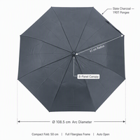 Parapluie d'affaires compact gris sophistiqué avec poignée en bois et boucle de poignet couleur bronze, idéal pour un cadeau d'entreprise VIP haut de gamme