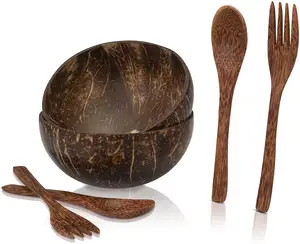 고품질 사용자 정의 조각 그린 유기농 스무디 점보 조각 코코넛 그릇과 나무 숟가락 포크 세트 선물 세트