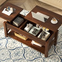 Table basse moderne en chêne avec structure en fer, pliable, extensible, relevable et avec rangement pour salon – Durable et élégante
