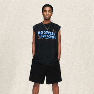 Chaleco Gráfico Oversize Gris Lavado con Letras Estilo Burbuja 'No Stress Just Chill', Estilo Casual, Playa, Streetwear, Nota Musical, Top Hip Hop para Hombre, Talla EE. UU. - Product Image 2