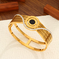 Bracelet en acier inoxydable plaqué or et argent, avec chiffres romains, pierre noire et strass, style manchette géométrique, cadeau unisexe pour le quotidien