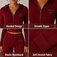 Conjunto Deportivo OEM ODM para Mujer, Color Vino Tinto, Algodón Acordonado, Manga Larga, Sudadera Corta con Cierre Completo, Cintura Alta, Corte Ajustado y Acampanado