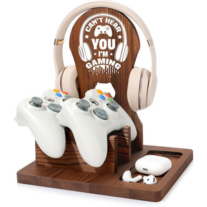 Wooden Headphone Stand Desktop Storage Rack For <b>Gaming</b> Headphones And <b>Controllers</b> Brown - Product Image 2