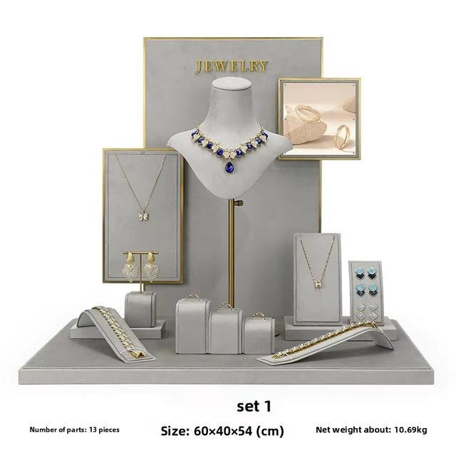 High-End DOER Live Jewelry Showcase Cabinet Gray Display Stand Trays for Rings Earrings Necklaces Bracelets Jewelry Accessories