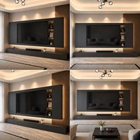 Meuble mural TV noir mat, console multimédia flottante en bois avec étagère de présentation à panneaux rainurés pour salon moderne