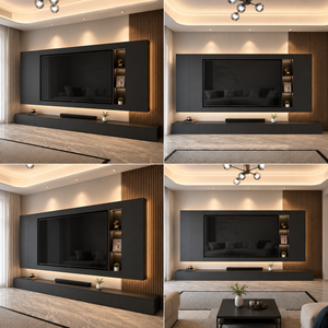Meuble mural TV noir mat, console multimédia flottante en bois <span class=keywords><strong>avec</strong></span> étagère de présentation à panneaux rainurés pour salon moderne - Product Image 3