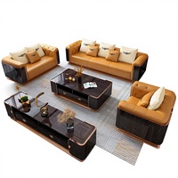 Ensemble de tables basses et de meuble TV LS en bois de noyer, style moderne, finition ébène brillante personnalisée avec ensemble de canapés capitonnés pour le salon