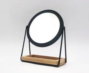 HANXIN espejos decorativos custom bamboo wood magnified black vanity standing round makeup mirror with jewelry storage