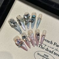 Diseño #2462 lujo Bling rosa azul alta calidad a granel 3D acrílico uñas diseño venta al por mayor casado Prensa en uñas con diamantes de imitación
