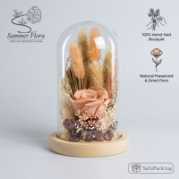 Bouquet de fleurs roses stabilisées fait main sous cloche en verre – Design floral direct usine pour commandes en gros – Fabricant professionnel de fleurs