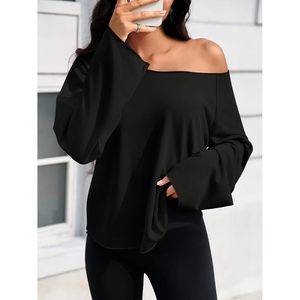 Sudadera de mujer con hombros descubiertos, manga larga, estilo oversize, jersey negro transpirable de punto, top Y2K, camisa túnica de ajuste holgado - Product Image 3