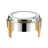 Réchaud alimentaire hydraulique doré avec couvercle en verre, ensemble de buffet rond élégant avec fenêtres, équipement de traiteur de luxe pour hôtel