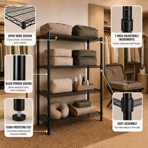 Organizzatore per Armadio a 4 Ripiani, Scaffale in Filo Metallico Nero, Montaggio Senza Attrezzi, Unità Metallica per Camera da Letto - Product Image 2