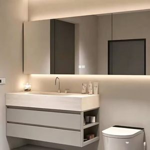Meuble de salle de bain intelligent avec miroir, armoire d'extension en aluminium alvéolé, vasque intégrée en dalle de roche pliée à chaud sur mesure - Product Image 2