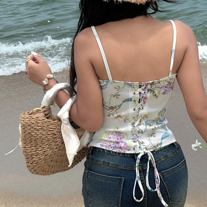 Top Corto Sexy con Tirantes Cruzados en la Espalda y Estampado Floral Tejido de Encaje para Vacaciones en la Playa, Estilo Y2K para Mujer - Product Image 6