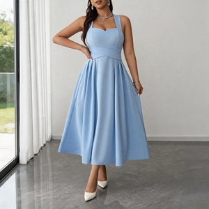 <span class=keywords><strong>Robe</strong></span> midi plissée élégante bleu clair, coupe trapèze, dos croisé, taille nouée, <span class=keywords><strong>pour</strong></span> femme, idéale <span class=keywords><strong>pour</strong></span> invitées de <span class=keywords><strong>mariage</strong></span> et soirées, vente en gros sur mesure - Product Image 3