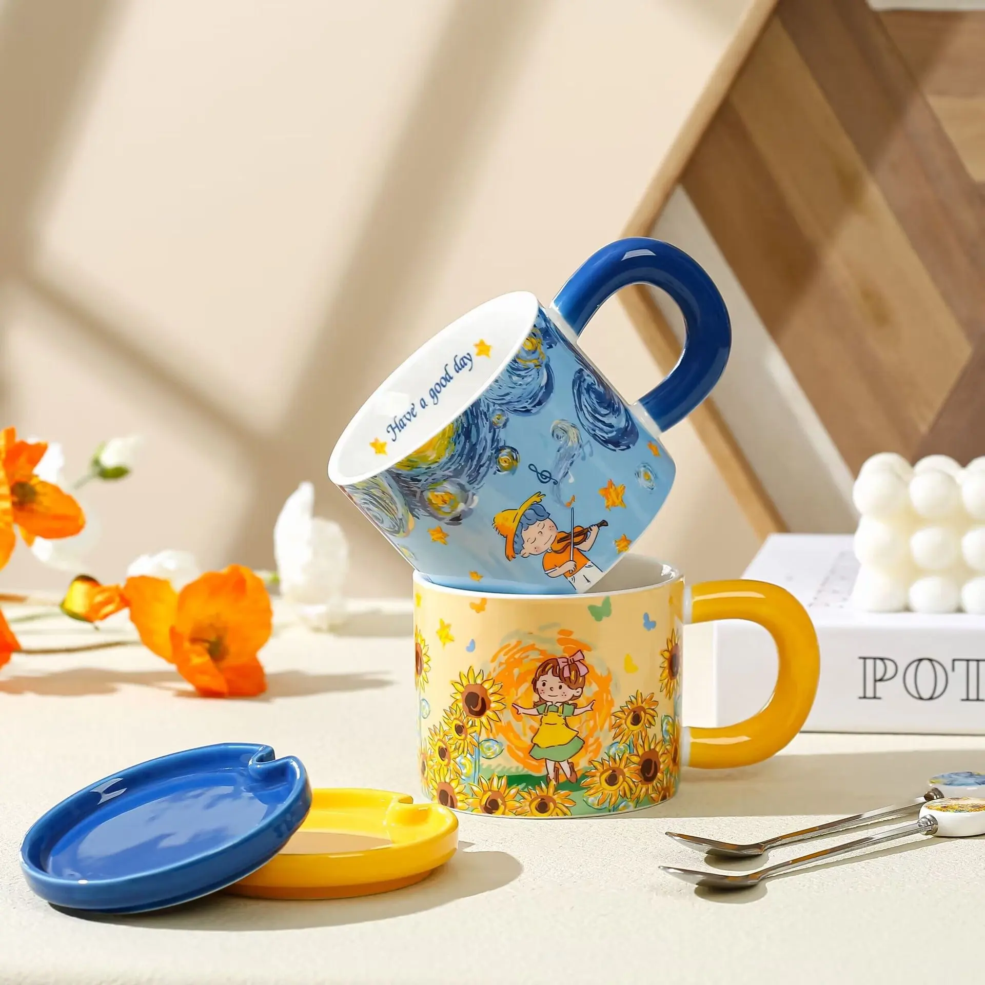 Creative High appearance Level Retro coffee mug with lid Personality Breakfast mug Cartoon Van Gogh World Ceramic mug