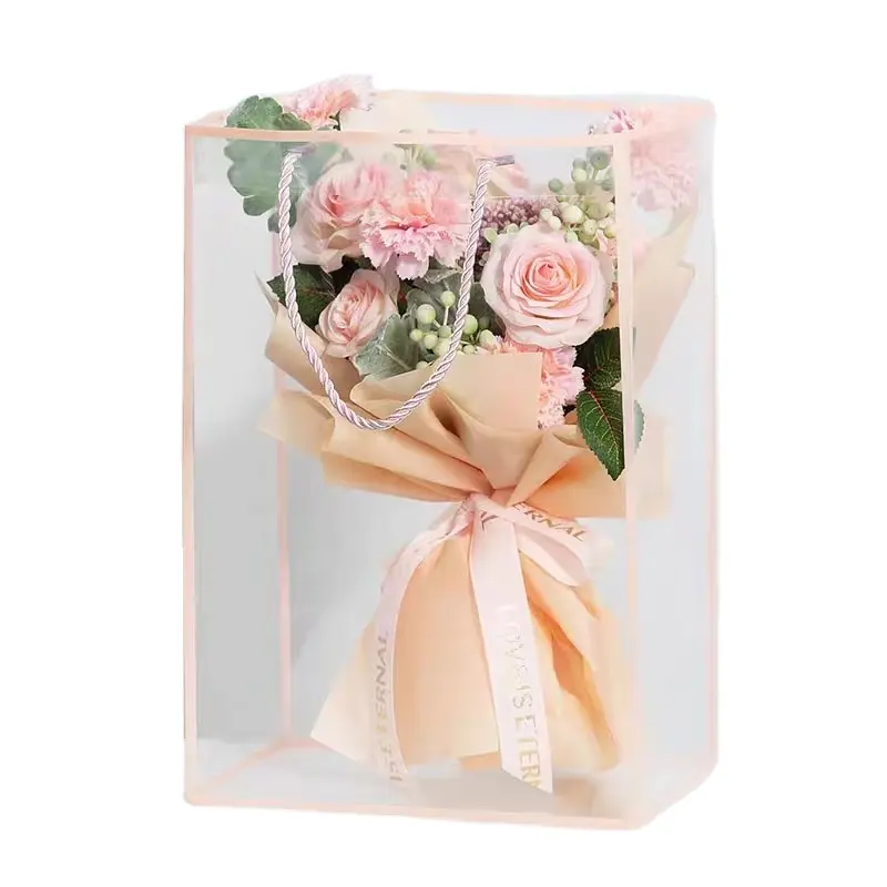 Hot Sale Custom Transparent With Hand Gift Valentines Day PVC Bag Flowers Packaging