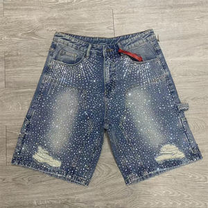 XJYD <span class=keywords><strong>Shorts</strong></span> in Denim Personalizzati da <span class=keywords><strong>Uomo</strong></span> Stile High Street con Effetto Consumato, Lavaggio Acido con Cristalli e Strass, <span class=keywords><strong>Jeans</strong></span> Corti Larghi - Product Image 2