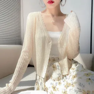 Sommer Damen dünner Sonnenschutz-Karten solide Farbe koreanische Mode weibliche kurze Oberbekleidung Eis Seide gestrickte Oberteile Reißhemden - Product Image 1