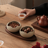 Ensemble de bols à collation Lotus Rim avec plateau ovale en bois 210 ml, plat de service en grès pour noix, plateau à fruits secs pour table à thé, 2 ou 3 bols