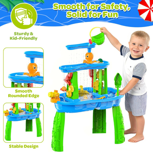 Table à eau et à <span class=keywords><strong>sable</strong></span> 3 niveaux pour enfants avec parasol – Jouet d'extérieur estival avec piscine d'apprentissage stable – Ensemble <span class=keywords><strong>de</strong></span> jeu pour plage et jardin - Product Image 3
