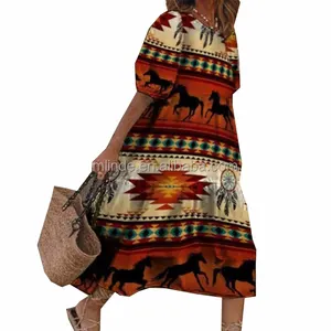 Aztec 캐주얼 여성 드레스 빈티지 인쇄 셔링 드레스 V 넥 짧은 소매 미니 Bodycon 레이디 캐주얼 아즈텍 드레스 사용자 정의 크기