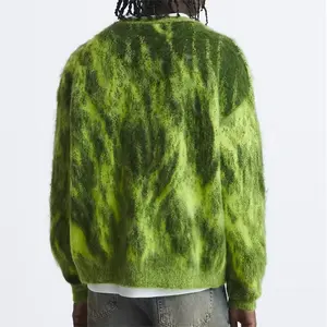 Sweater rajutan mohair pria, kardigan rajutan mohair hijau Jacquard mohair leher V terang Apple modis OEM