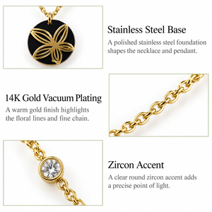 Collier à pendentif floral en acier inoxydable, zircon, plaqué or 14 carats sous vide, chaîne fine noire - Product Image 3