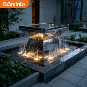 Fontaine d'eau moderne en acier inoxydable poli, décoration extérieure géométrique avec éclairage LED, sculpture en acier inoxydable - Product Image 1