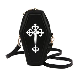 Tas selempang Gothic bentuk peti mati Fashion tas tangan bahu kulit PU tas tangan selempang kecil untuk pesta tema Halloween