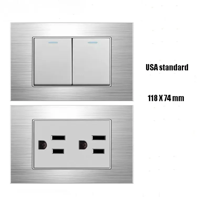 Enchufe tipo US AU, Brasil, Tailandia, Italia, 15A, panel de aleación de aluminio plateado, 1, 2, 3, 4 entradas, interruptor de pared de 2 vías, Taiwán, TV usb para el hogar, 118