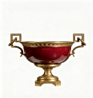 Vase à fleurs en céramique rouge à large ouverture, deux poignées en cuivre, base sur piédestal, vase vintage néoclassique pour fleurs fraîches, séchées ou artificielles