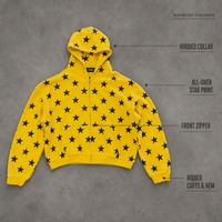 Sweat à capuche unisexe épais à fermeture éclair avec imprimé étoiles, style streetwear jaune, personnalisable OEM ODM, vente en gros