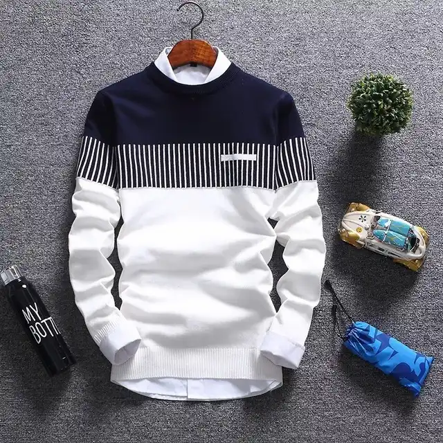 Pull Homme 100% Coton Superora - Col Roulé, Zip 1/4, Rayé - Tricot Fin, Manches Longues, Style Décontracté Chic
