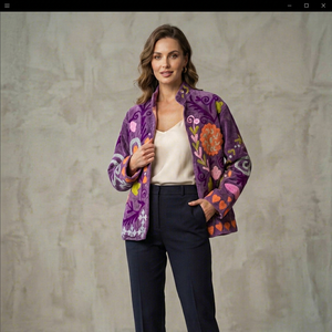 Veste en velours violet de luxe pour femme, broderie florale colorée faite à la main, style bohème ethnique, manteau de mode en gros pour boutique - Product Image 1