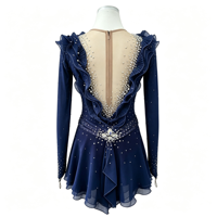 Robe de patinage artistique bleu marine à volants, jupe en mousseline de soie dos nu ornée de strass, costume de performance à manches longues pour compétition, personnalisable OEM