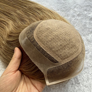 Lace Front Silk Top Handtied Toupee European Hair Topper Replacement System Hairpiece 100% Brown Highlight Hair Toupee Women - Product Image 2