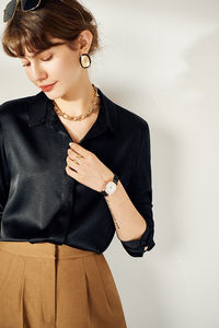 סיטונאי באיכות גבוהה חדש אלגנטי נשי חולצה תות משי חולצות נשים ארוך שרוול נשים משי חולצה - Product Image 6