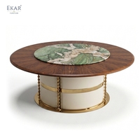Table à manger ronde chinoise moderne, finition bois de luxe, table à manger sur piétement avec incrustation décorative pour villa, restaurant