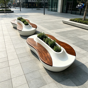 Modern Curved Patio <b>Bench</b> Outdoor Seating with Planter Integrated Wood Grain White Public Lounge <b>Bench</b> - Product Image 3