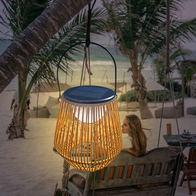 Handmade Outdoor Garden Bamboo Decor Stand IP65 Solar Powered LED Camp Lantern with Plastic Body Rattan Light Hanging