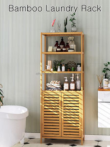 <span class=keywords><strong>Meuble</strong></span> de rangement mural en bambou massif à lattes SYT, idéal pour niche <span class=keywords><strong>TV</strong></span>, étagère ouverte fine pour coin lecture - Product Image 4